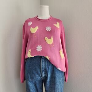 Vintage 80s 90s The Quacker Factory Pink Yellow Duck Knit Sweater Long Sleeve L
